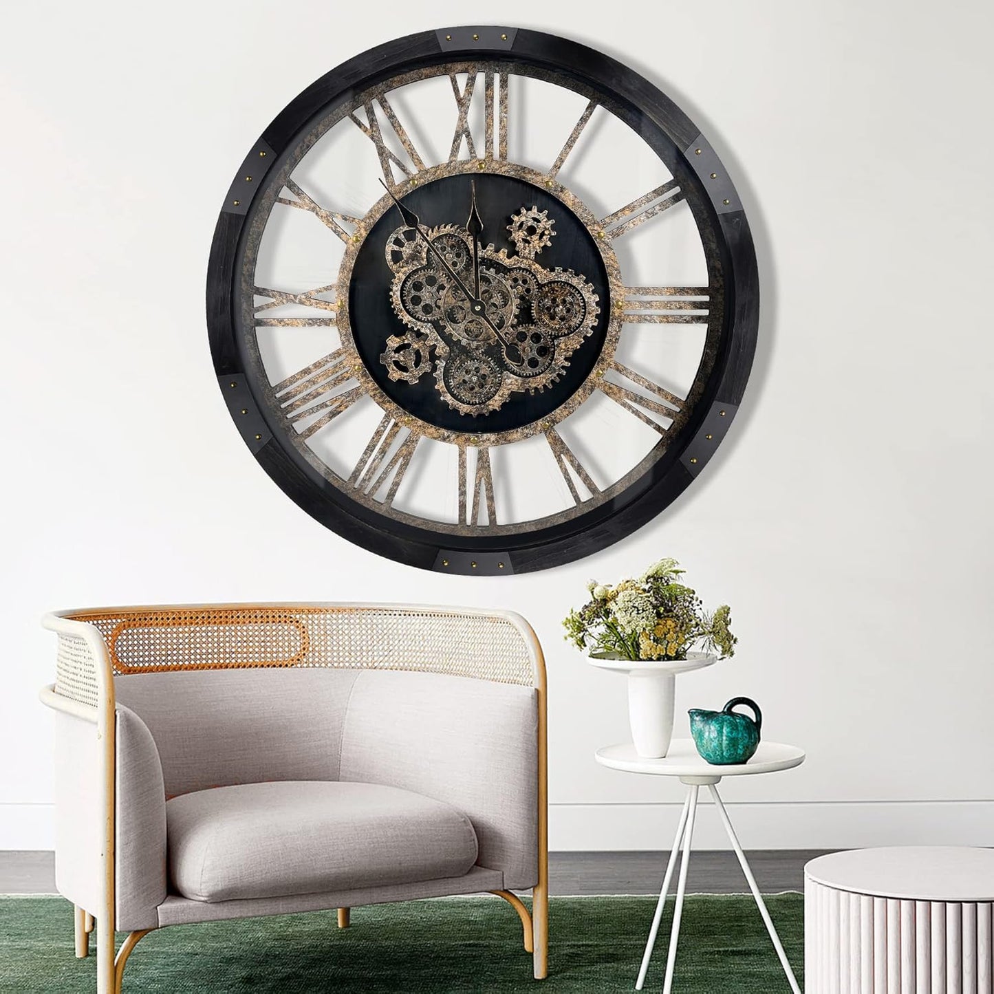 DORBOKER 30" Large Wall Clock Moving Gears,Oversized Industrial Rustic Farmhouse Clocks for Living Room Decor Office Home, Solid Wood Retro Metal HD Tempered Glass Cover,Black and Vintage Bronze