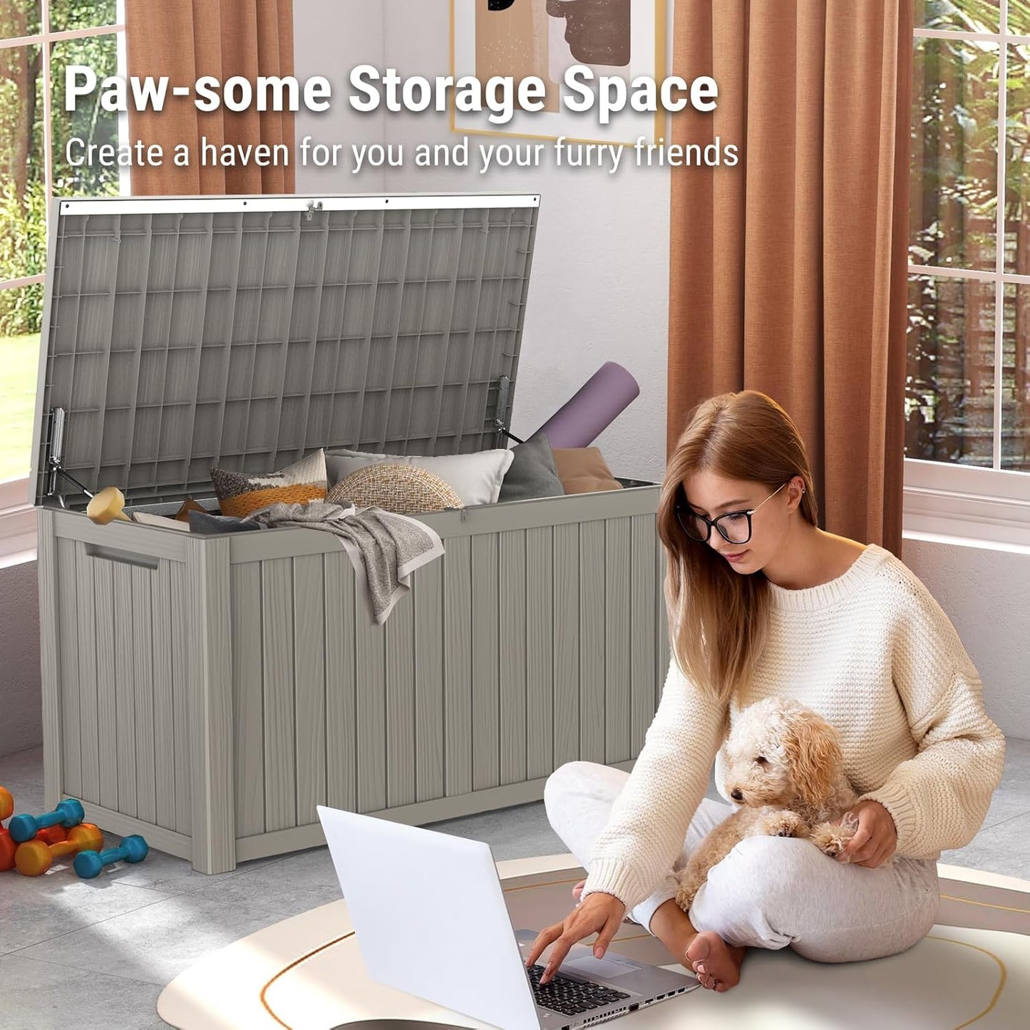 Mars Villa 180 Gallon Outdoor Storage Box Waterproof, Extra Large Resin Deck Box, Outside Storage Bin for Patio Furniture Cushions, Pool Supplies, Sports Gear, UV Resistant and Weatherproof, Greige