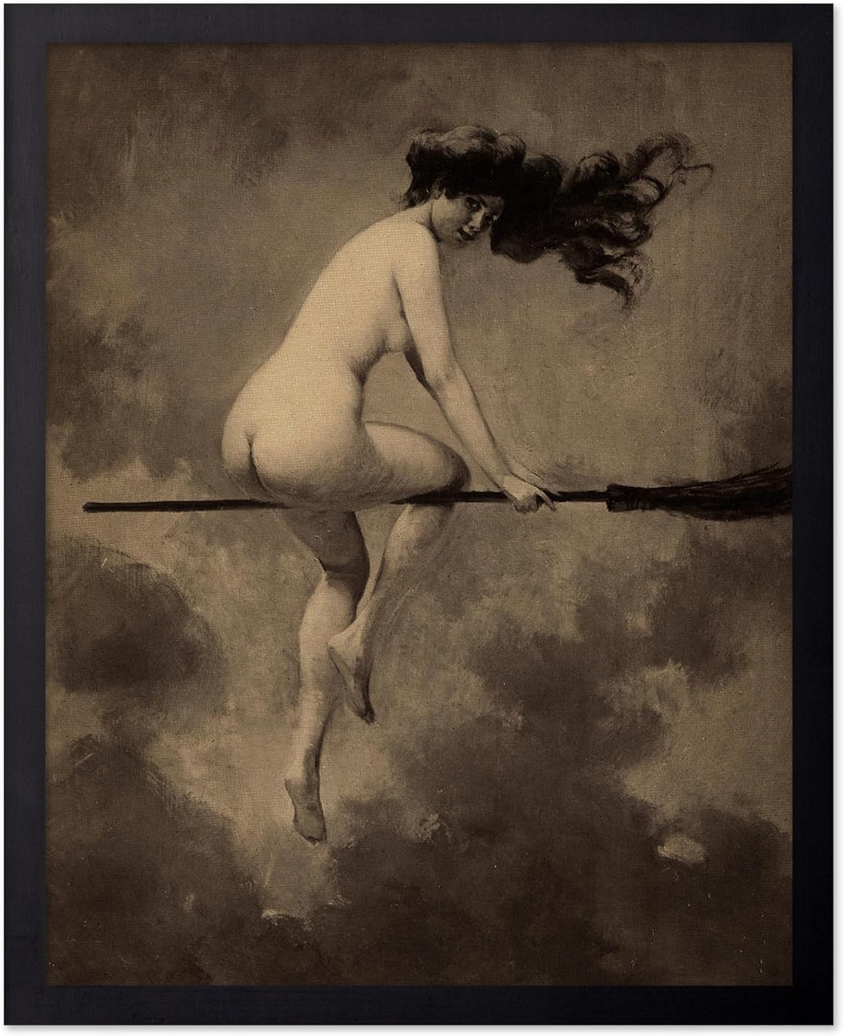Poster Master Vintage Albert Joseph Penot Poster - Retro Halloween Print - Gift for Artist, Friend - Departure for the Sabbath, Naked Witch on Broom - Wall Decor for Bedroom, 8x10 Black Framed