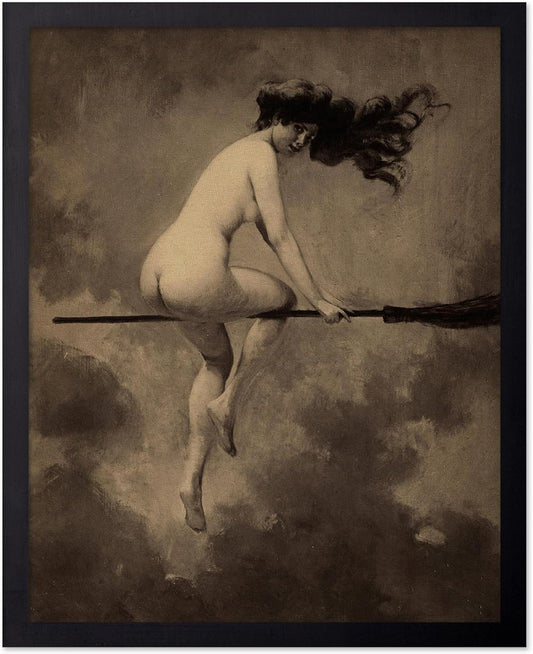 Poster Master Vintage Albert Joseph Penot Poster - Retro Halloween Print - Gift for Artist, Friend - Departure for the Sabbath, Naked Witch on Broom - Wall Decor for Bedroom, 8x10 Black Framed