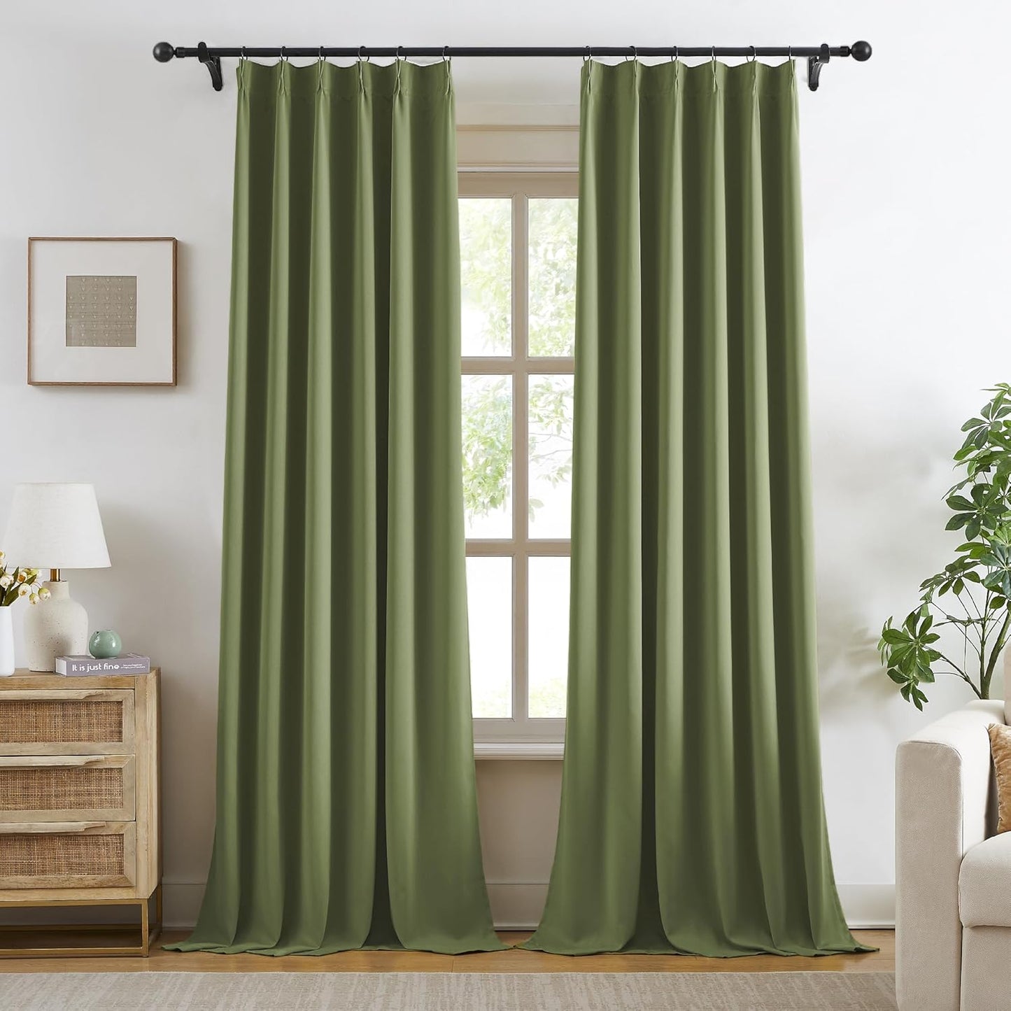 KangBang Pinch Pleated 108 Inch Blackout Curtains 2 Panels Set, Room Darkening Noise Canceling Polyester Window Treatments Elegant Memory Trained Drapes for Living Room Dining,40”Wx108”L, Sage Green