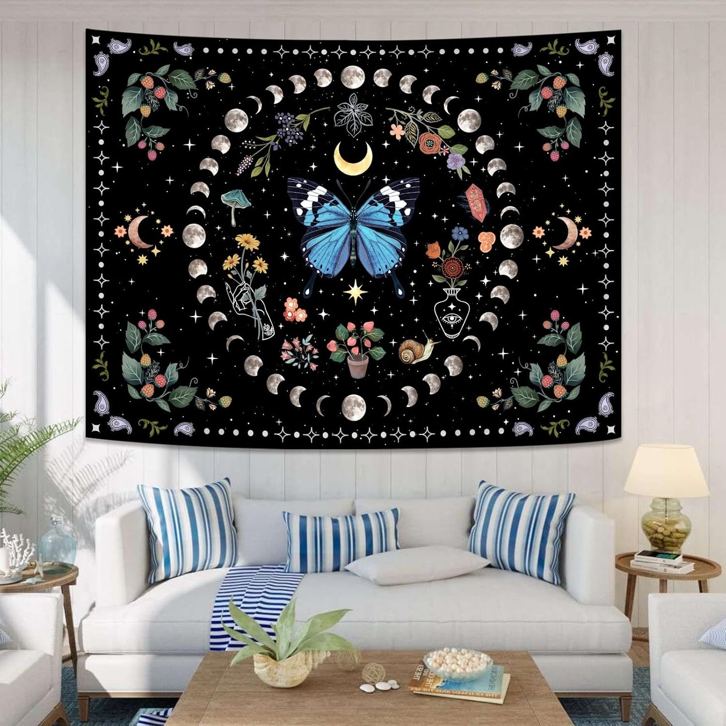 Aipon Blue Butterfly Moon Flower Wall Hanging - Botanical Boho Floral Tapestry for Bedroom & Living Room (44.00" x 60.00", Blue)
