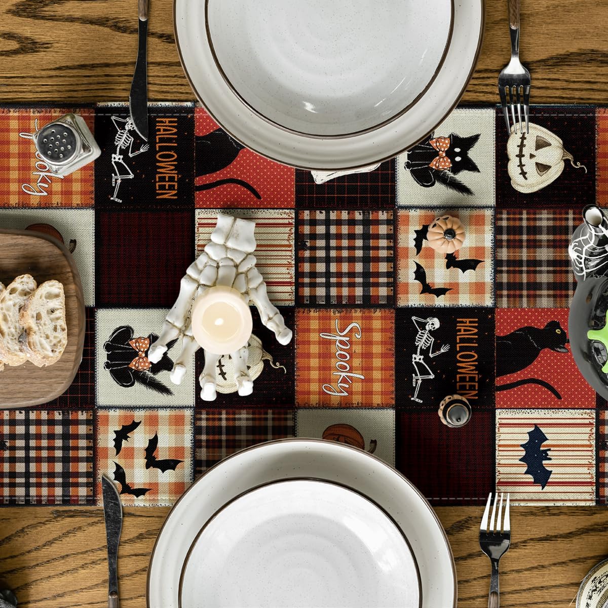 Artoid Mode Black Cat Bat Pumpkin Spooky 210 GSM Halloween Table Runner, Ghost Kitchen Dining Table Decoration for Home Party Decor 13x108 Inch