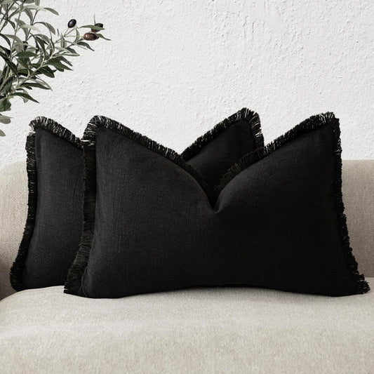 Foindtower Set of 2 Decorative Linen Fringe Throw Pillow Covers Boho Farmhouse Cushion Cover with Tassels Lumbar Accent Pillowcase for Bed Couch Sofa Living Room Home Bedroom Decor, 12×24 Inch, Black