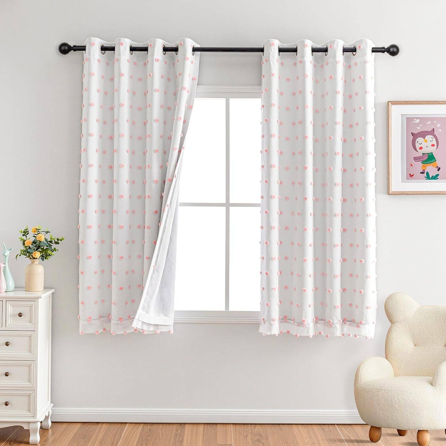 MYSKY HOME Pink Pom Pom Blackout Curtains for Girls Bedroom 54 Inch Long 100% Blackout Curtains for Kids Room 2 Panels Room Darkening Small Window Treatment Grommet 2 Layered Drapes Toddler 52W x 54L