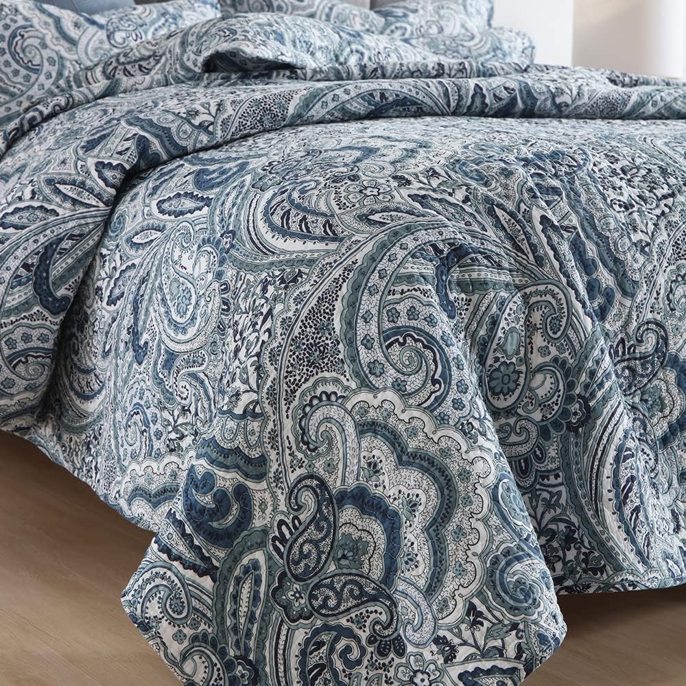 Autumn Dream Cotton Bedspread Quilt Sets, 3 Pieces Reversible Comforter Coverlet Sets,Blue Floral Paisley,Queen Size