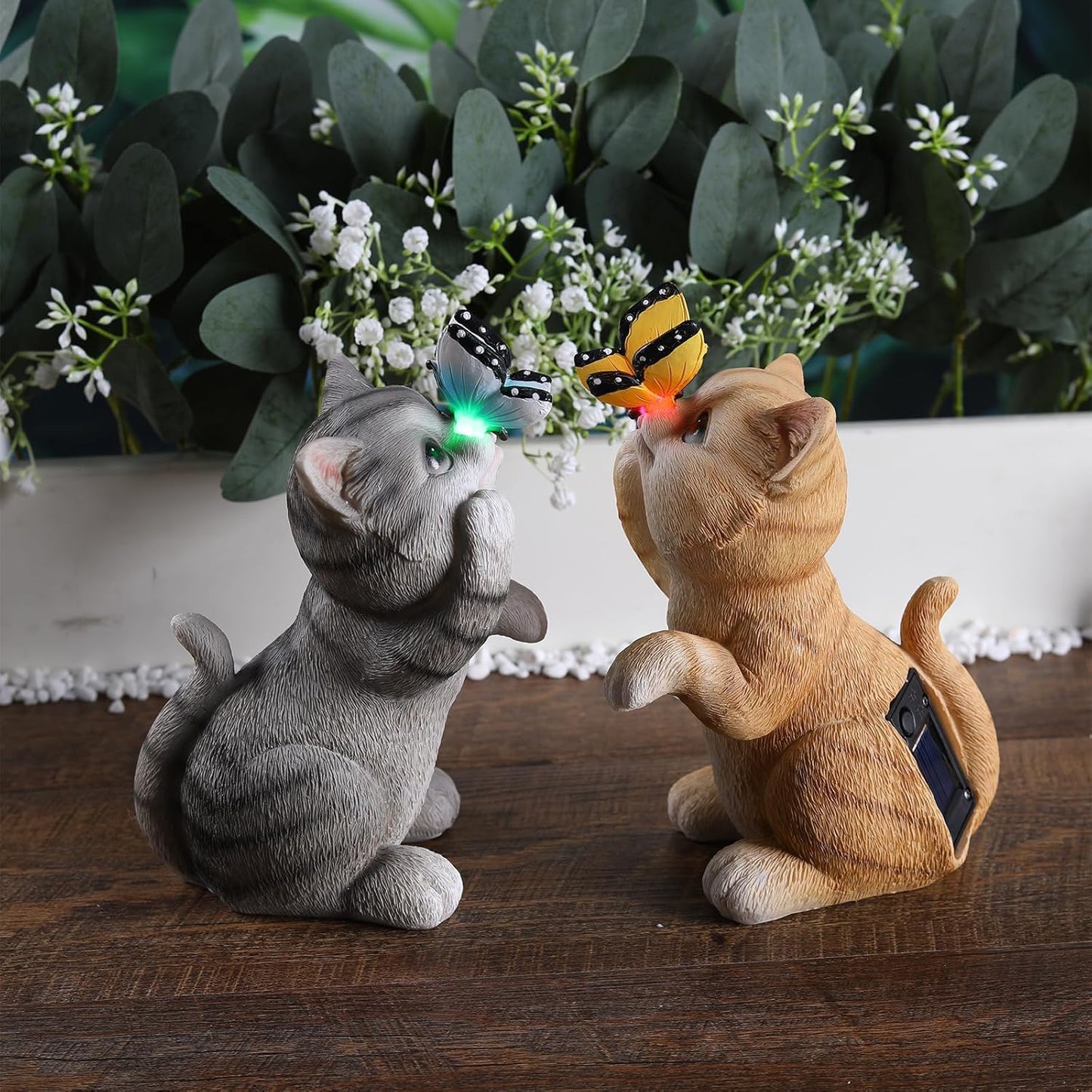 Cat Garden Statue Outdoor Solar Decorations Butterfly Light Figurine Color Changing LED Lights Resin Sculpture Art Decor Patio Lawn Yard Housewarming Gifts for Women Grandma Mom