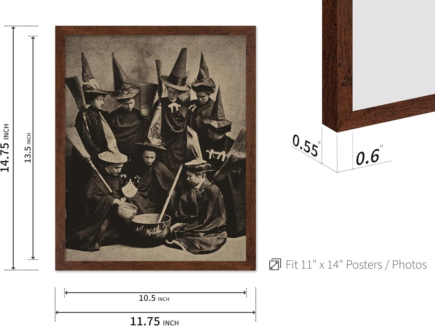 Poster Master Vintage Photograph Poster - Retro Halloween Print - Gift for Artist, Friend - Witches Cooking, Pointy Hats, Broomsticks, Black Magic - Wall Decor for Bedroom, 11x14 Brown Framed