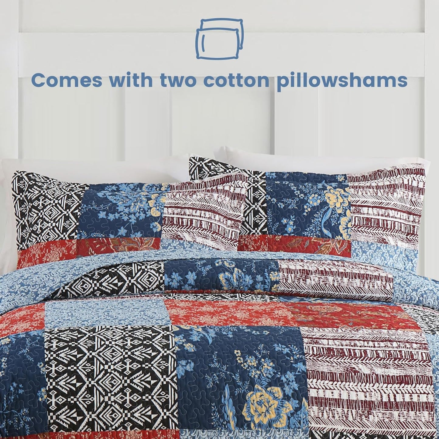 Secgo Queen Comforter Set for Bed - 100% Cotton Quilts Queen Size, Black Bedspreads (90 * 98 Inch) with 2 Pillow Shams, Patchwork Reversible Lightweight Bedding