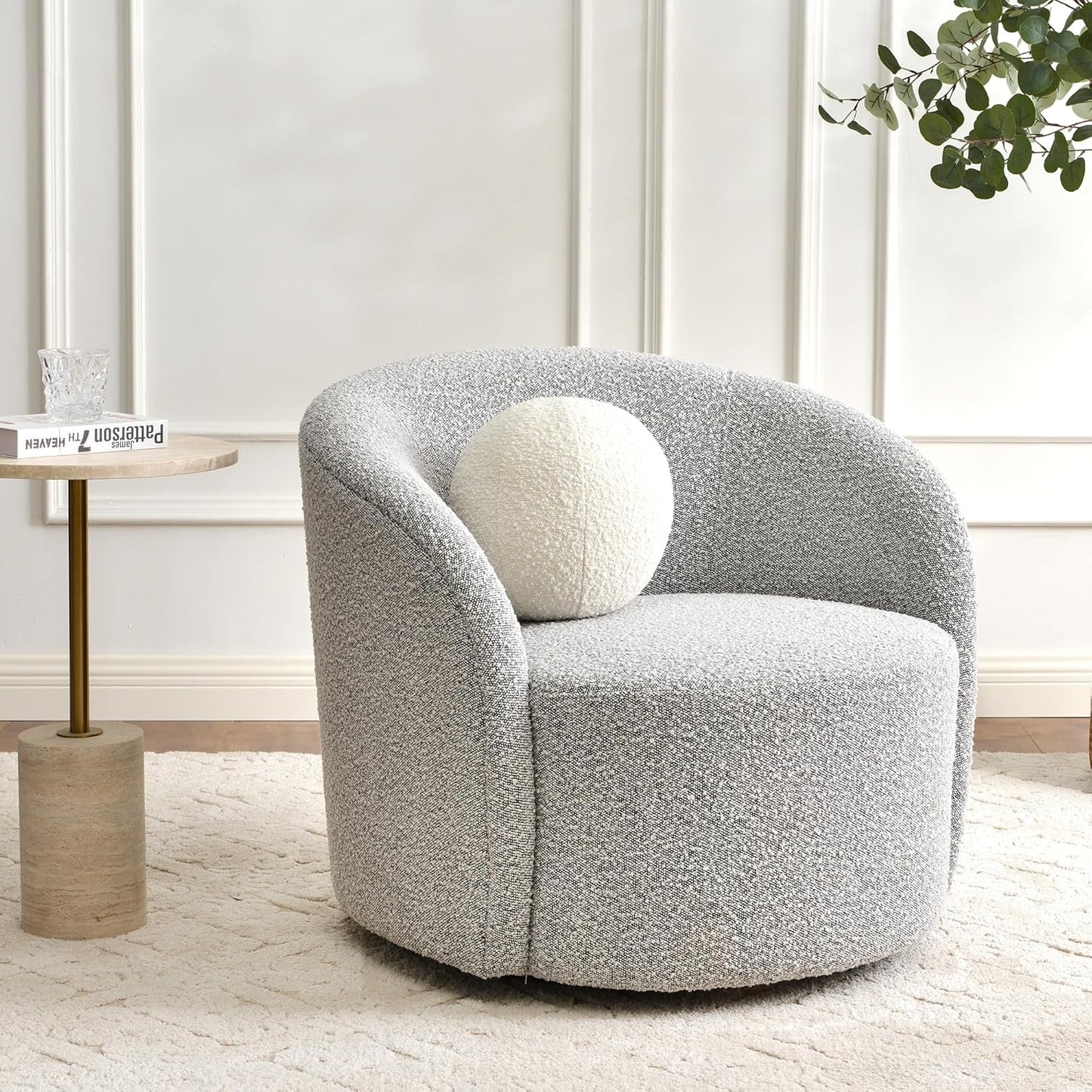 KINWELL Sherpa Swivel Barrel Chair & Round Ball Pillow Set - 34" Wide Modern Boucle Accent Chair with 9” Matching Nordic Decorative Throw Pillow for Living Room and Bedroom(Black White)