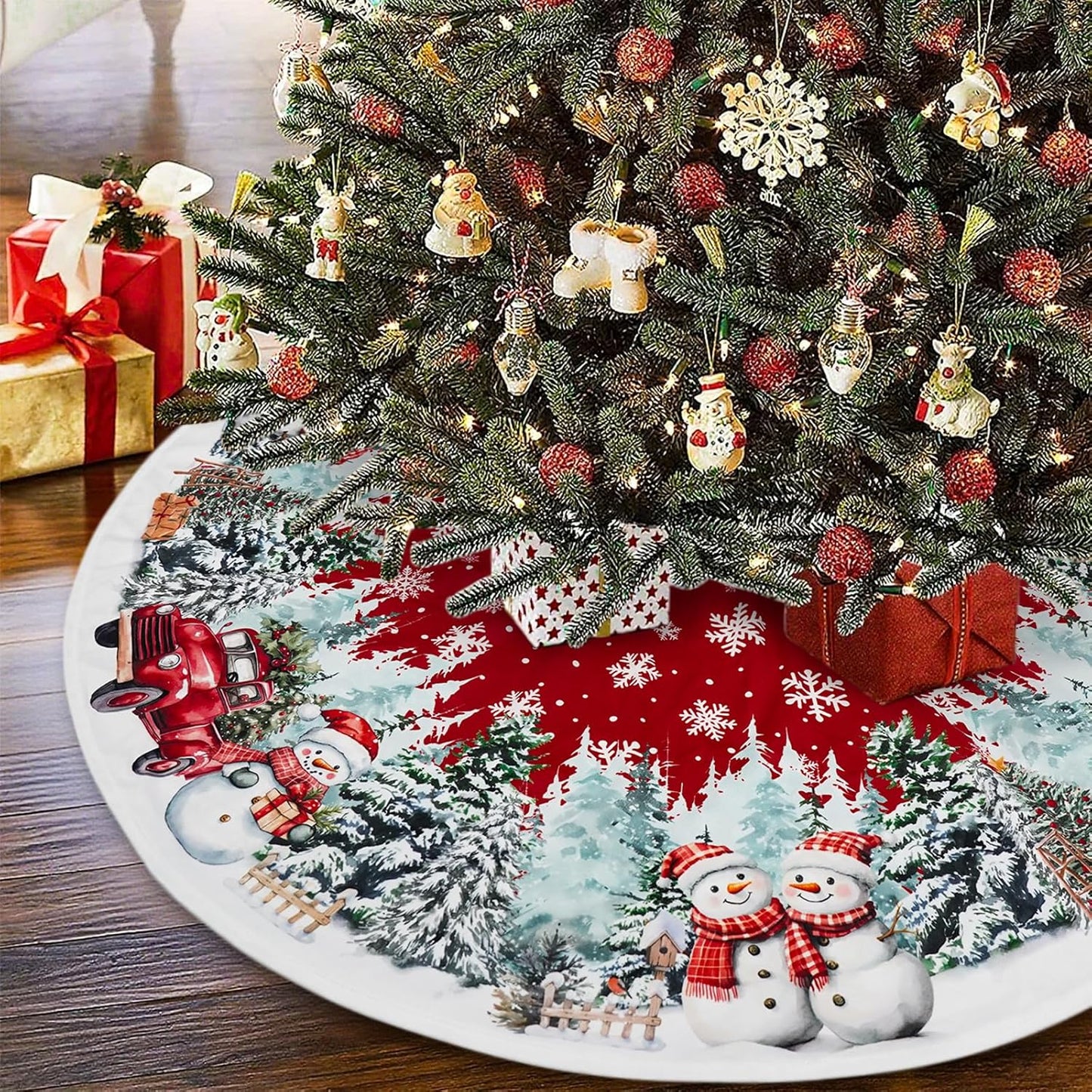 Christmas Tree Skirt 36 Inch, Red Snowman Trucker Xmas Tree Skirts, Winter Christmas Trees Mat for Home Party Holiday Indoor Outdoor Decorations