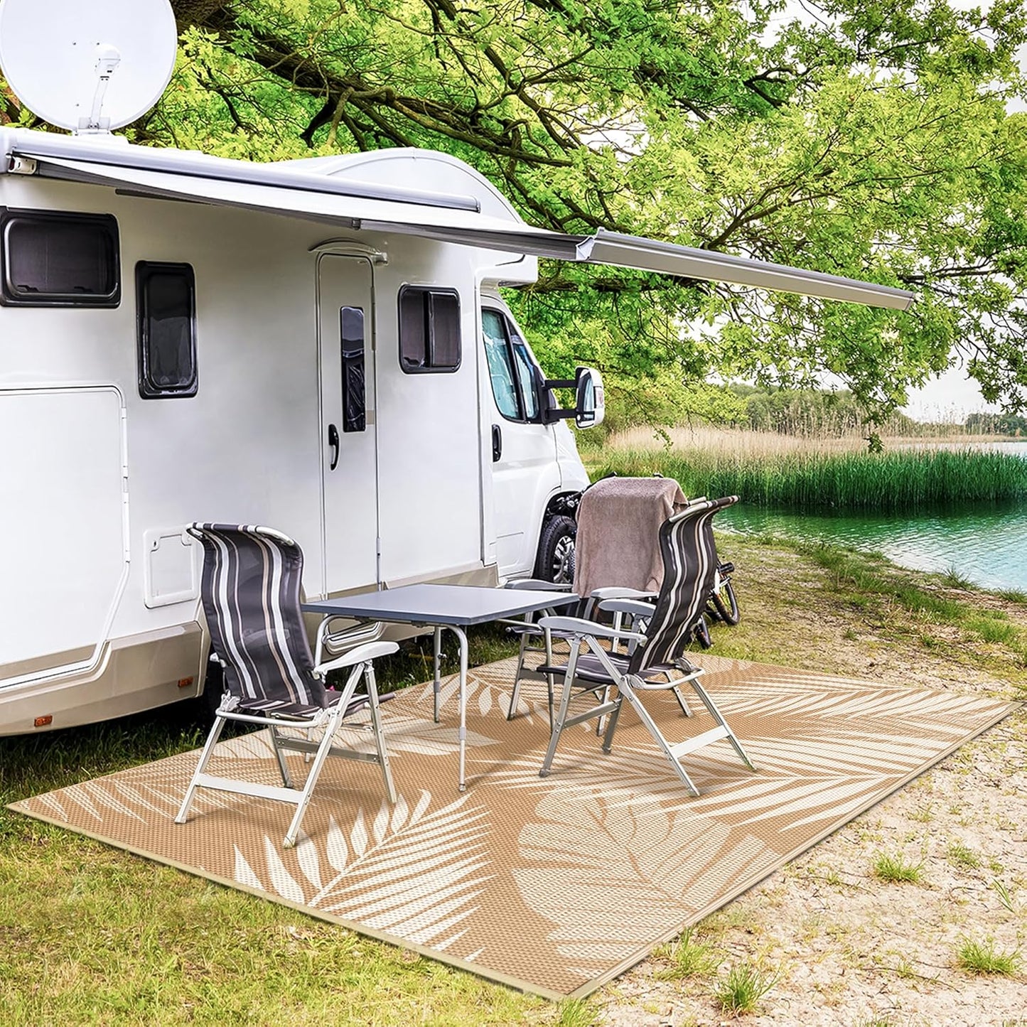 GENIMO Outdoor Rug 5' x 8' Waterproof for Patios Clearance, Reversible, Plastic Straw Camping Rug Carpet, Large Area Rugs Mats for RV, Picnic, Backyard, Deck, Balcony, Porch, Beach, Brown&Beige