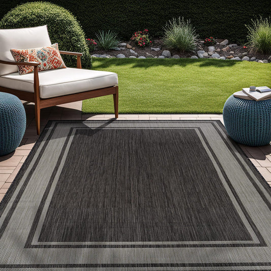 Beverly Rug Outdoor Rug 5x7 Modern Bordered Area Rugs for Indoor and Outdoor Patio Deck Porch Garden Waterproof Weather Sun Resistant Washable Outside Carpet (5 x 7 Dark Gray)