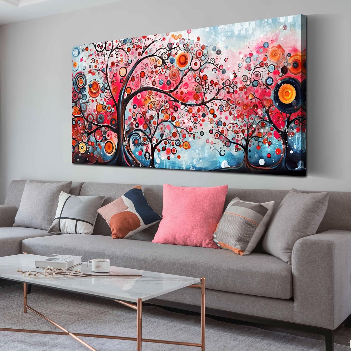 ENTANUB Tree Wall Art for Living Room, Abstract Canvas Wall Decor for Bedroom, Pink Print Paintings, Size 24x48 Inches