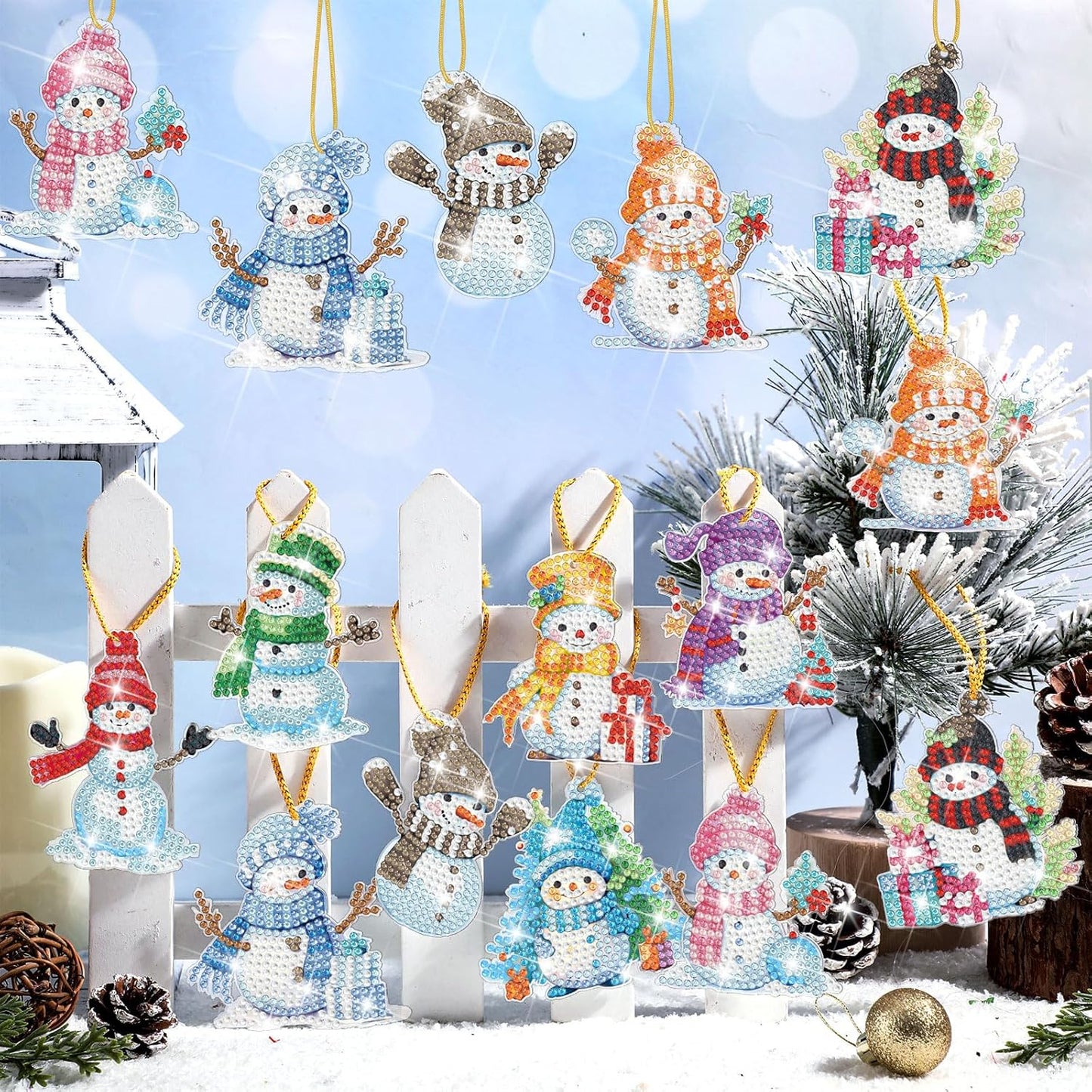 Skylety 20 Pcs Christmas Diamond Art Ornaments Kit Cute Snowman Diamond Painting Ornaments Tag DIY Xmas Rhinestone Art Keychain Crystal Handcraft Gift Wrap Tags with Rope Home Party Decor(Colorful)