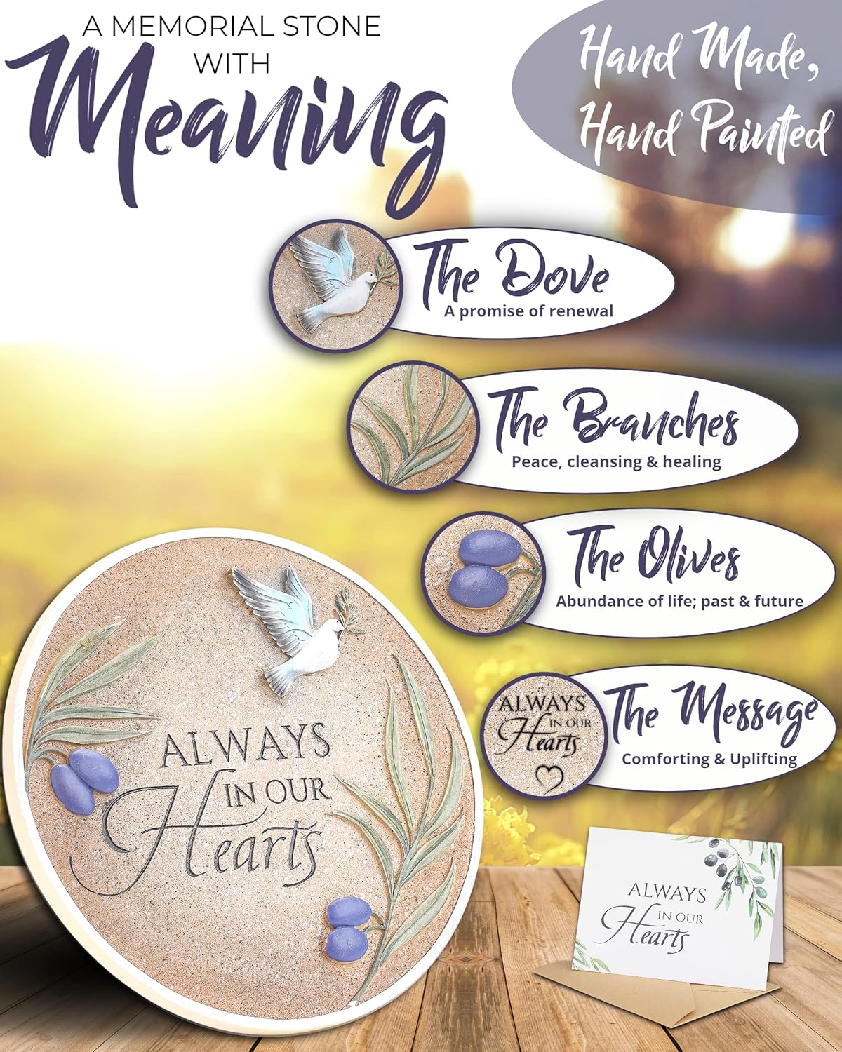 Spiritwind 10-Inch Garden Memorial Stone with Included Plaque Stand & Sympathy Card, Memorial Plaques for Outdoors with Peace Dove Amongst Olive Branches, Memorial Stepping Stone for Loss of Loved One