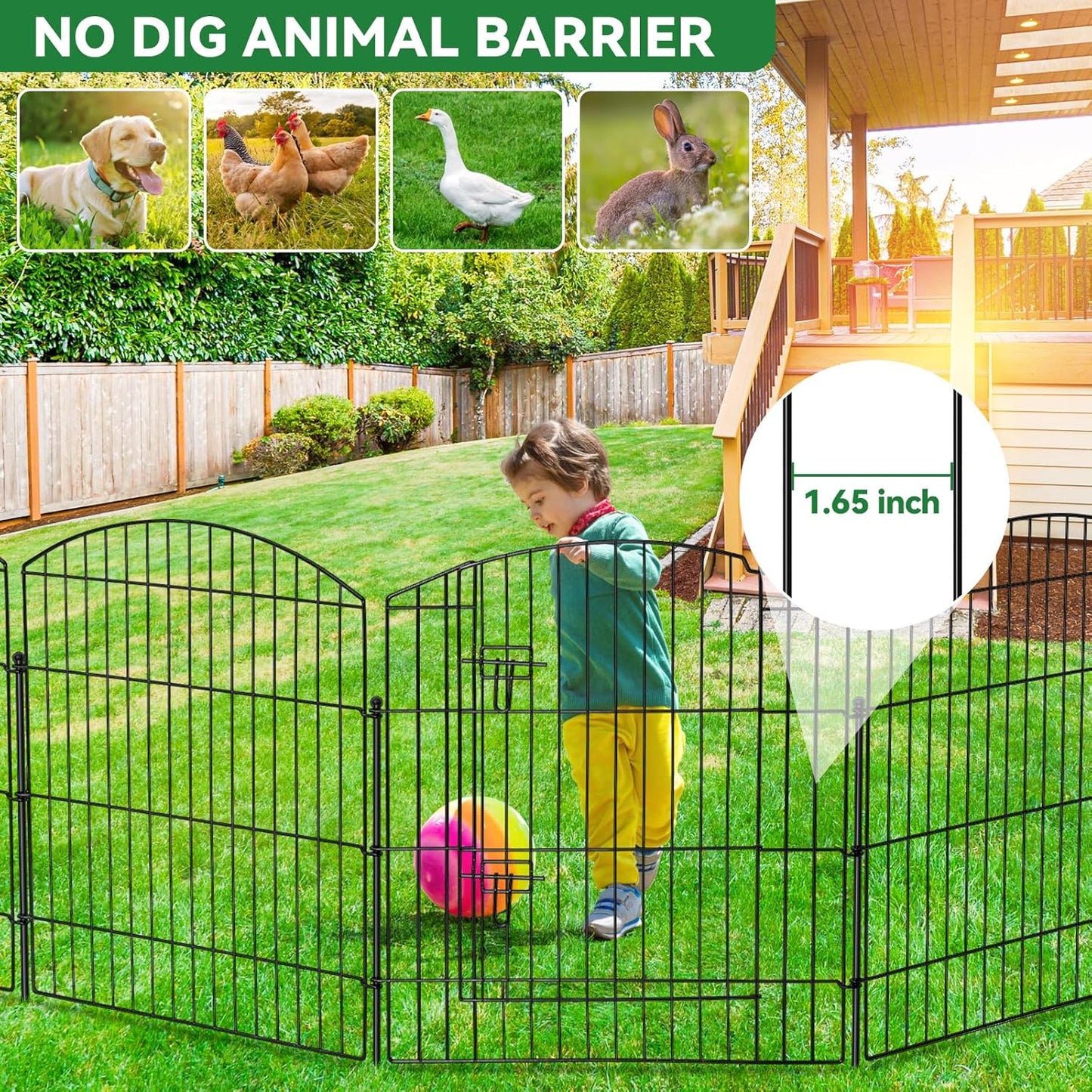 No Dig Decorative Garden Fence with Gate 32in (H) x 24ft (L), 9 Panels + 1 Gate +11 Stakes, Temporary Dog Fencing Outdoor, Rustproof Metal Arched Animal Barrier for Yard, Patio, Flower Bed, Landscape