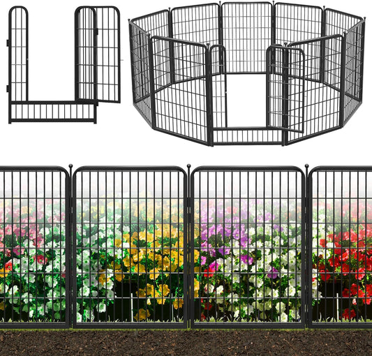 Decorative Black Metal Fencing Garden Fence with Gate, 23ft(L) 40in(H) 10 Fence Panels No Dig Fence Rustproof Animal Barrier Fence Temporary Dog Panels Fencing Outdoor