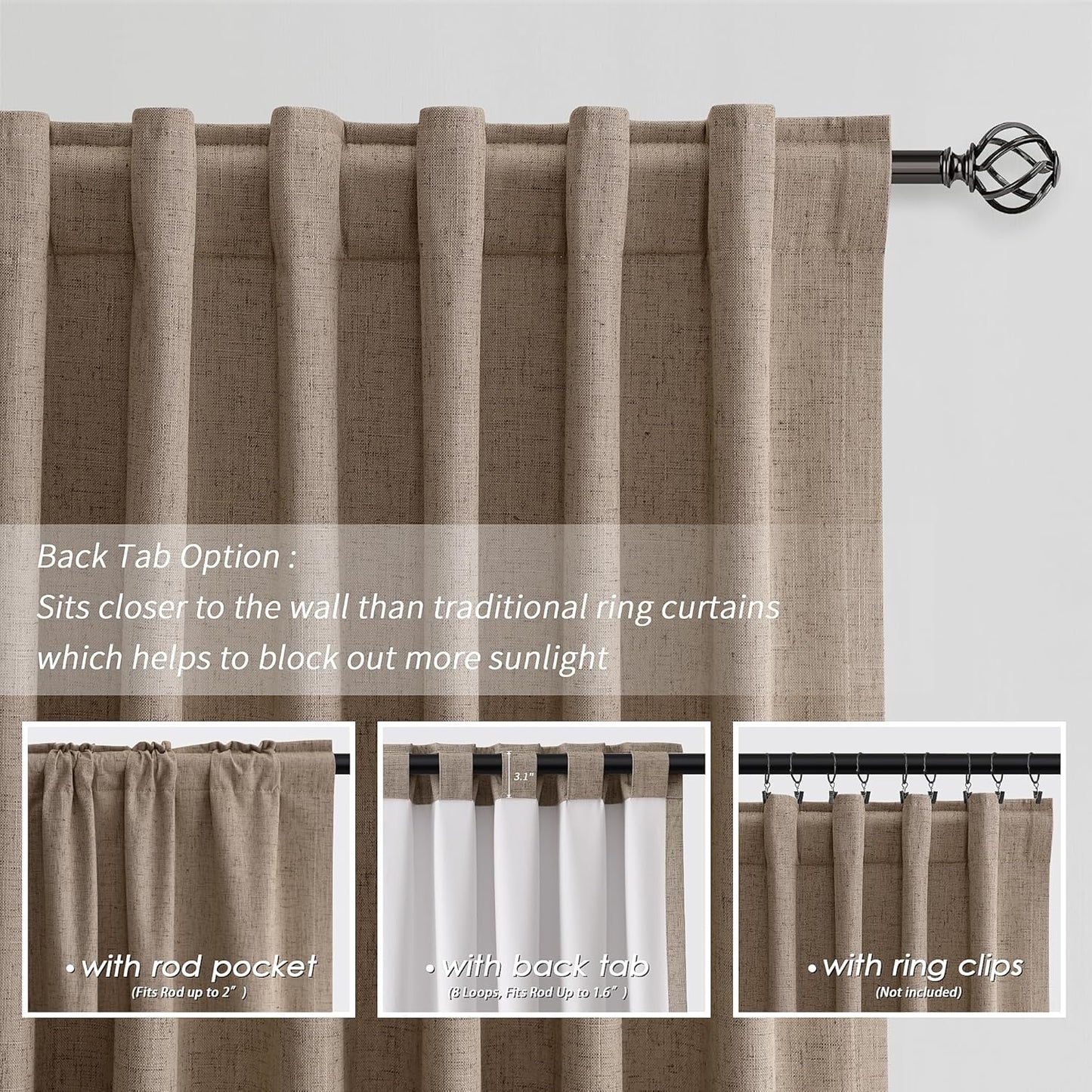 BOODII Room Darkening Curtains Brown Black Out Curtains 96 Inches Long 2 Panel Set Back Tab Neutral Linen Curtain for Sliding Door Modern Farmhouse Living Room Blackout Drapes Soundproof 52x96