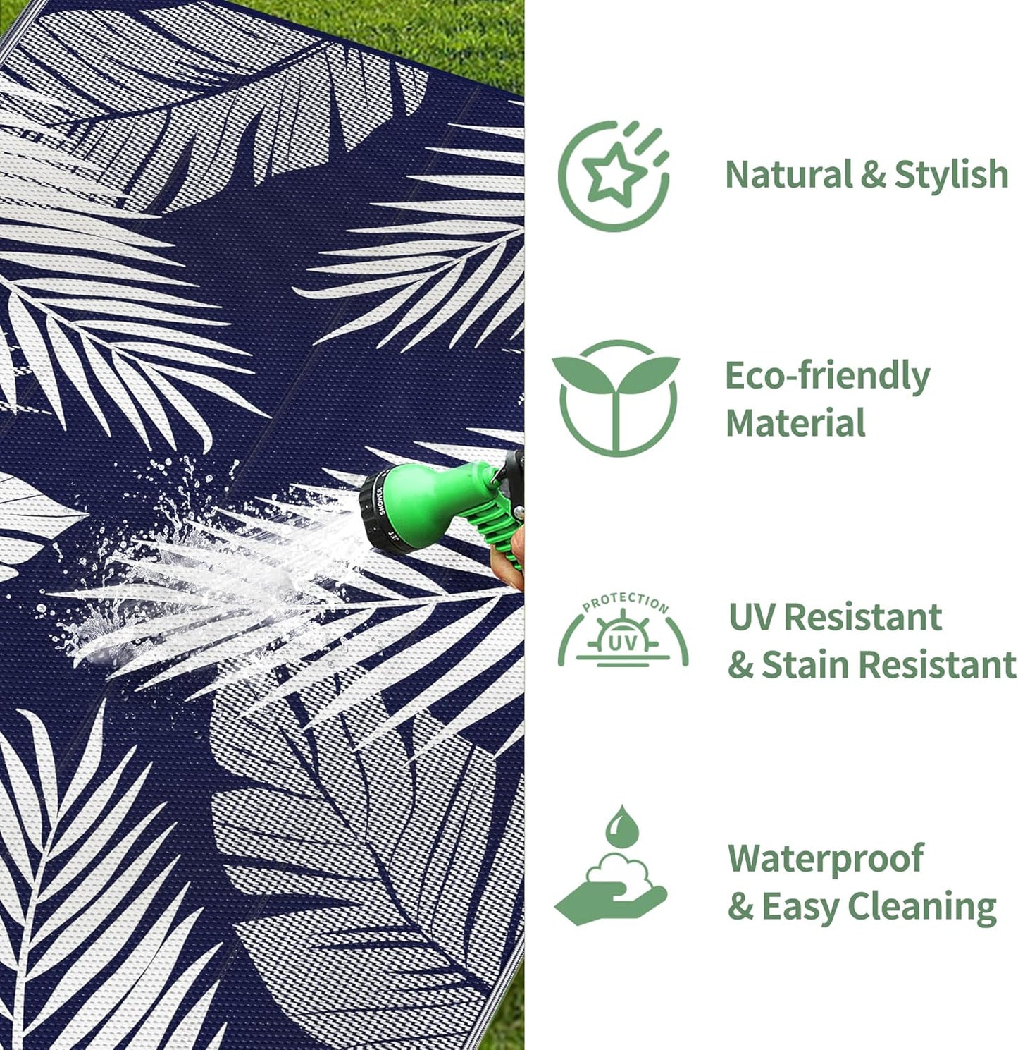 GENIMO Outdoor Rug 6' x 9' Waterproof for Patios Clearance, Reversible Outdoor Plastic Straw Camping Rug Carpet, Large Area Rugs Mats for RV, Camper, Deck, Balcony, Porch, Beach, Navy Blue&White