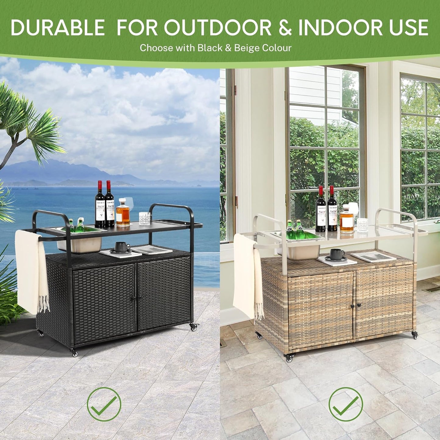 Wicker Outdoor Bar Cart with Ice Bucket, Patio Bar Table with 2 Ratten Doors Cabinet and Casters for Grill, Kitchen and Garden,Black