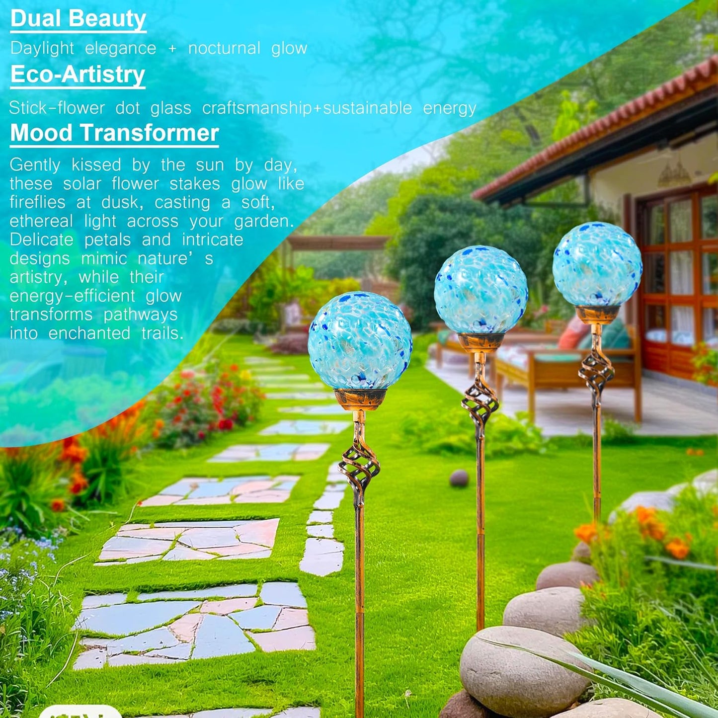 Garden Solar Lights, Decorative LED Honeycomb Glass Ball Garden Stake, Glass and Metal Outdoor Decoration, 4 x 31 Inch (Light Blue)