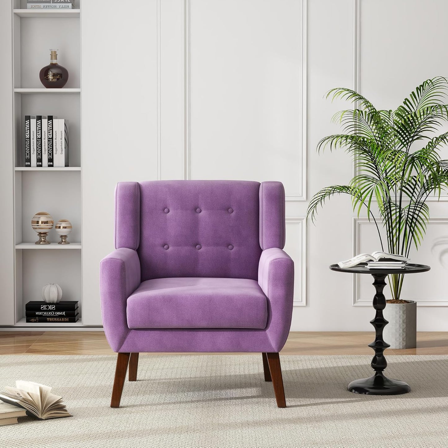 UIXE Accent Chair Modern Upholstered Armchair, Mid Century Club Arm Chairs Comfy Single Sofa Living Room Button Tufted Reading Seat Bedroom Side Seating, Velvet-Purple