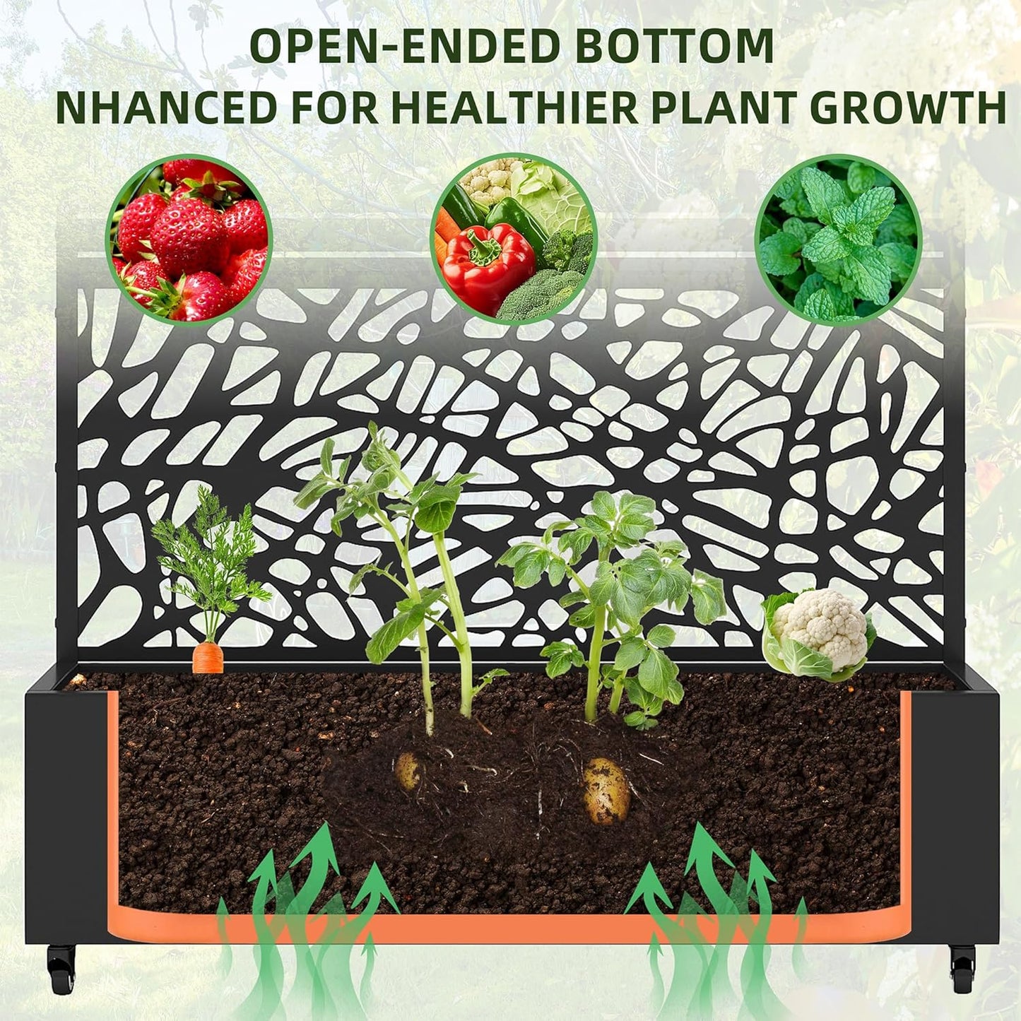 Casaphoria Metal Raised Garden Bed with Trellis and Wheels, 72"x47"x16" Planter Box for Climbing Plants, Vegetables & Vines, Features Drainage Holes and Privacy Screen, Black(Net&Helen)