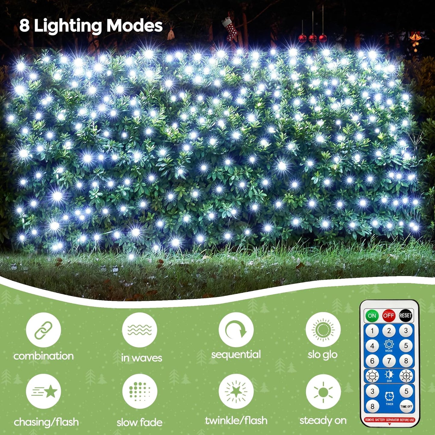 WBao Solar Christmas Lights Outdoor 360LED 11.5ft x 6.9ft Christmas Bushes Lights with Remote, 8 Lighting Modes, Timer, Waterproof for Lawn, Bushes, Trees Outdoor Christmas Decorations, Cool White