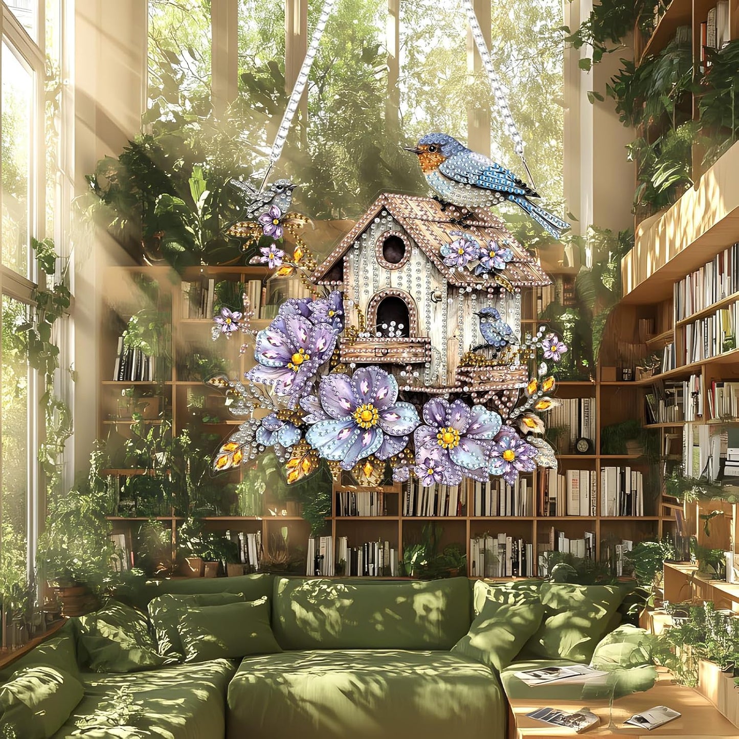 Lxmsja DIY Birdhouse Diamond Painting Hanging Ornament, Double-Sided Acrylic Flowers Bird Diamond Art Kit, Special Shaped Drill Pendant Window Art Kit, Suncatcher Hanging Craft Decoration 8x8 inch