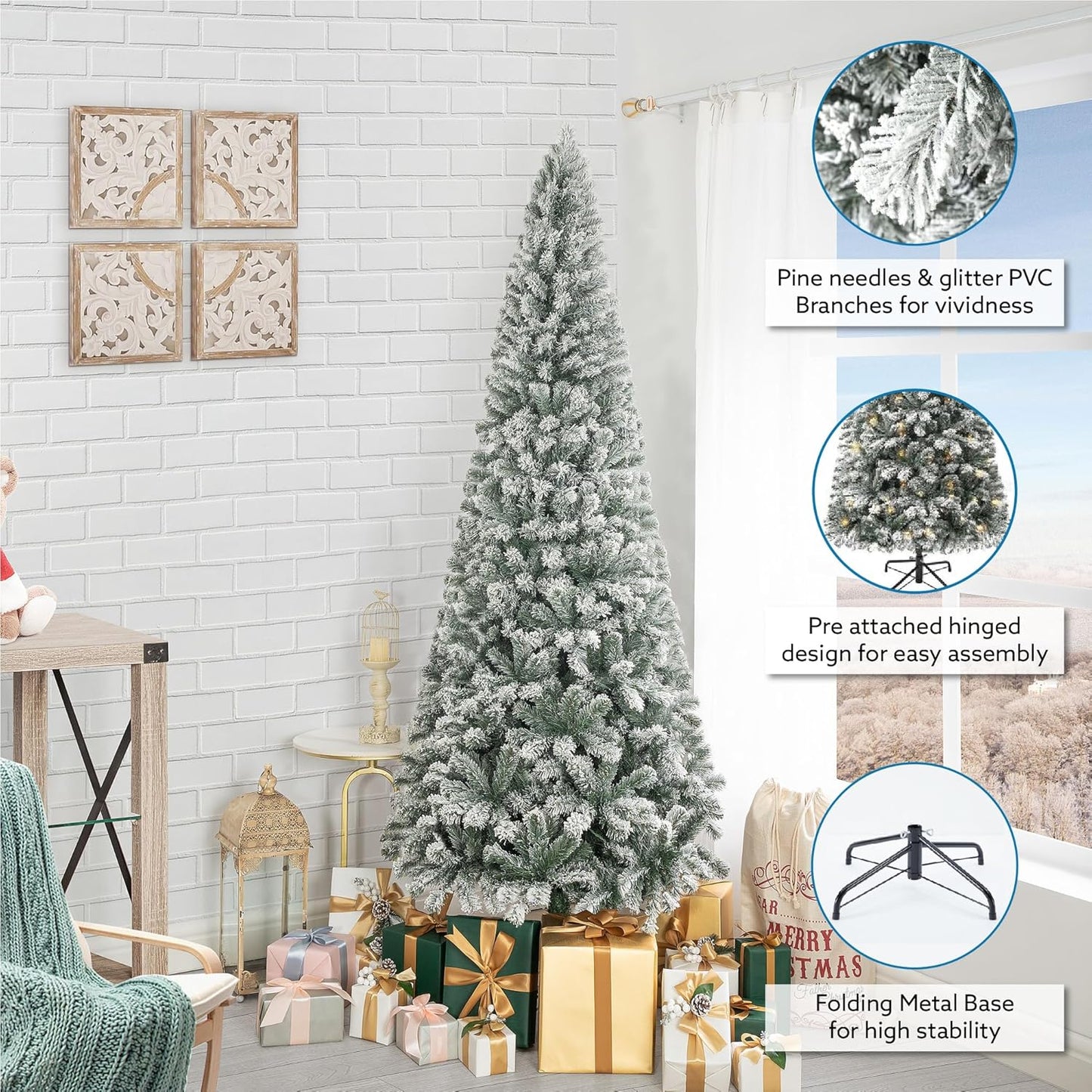 Naomi Home Salzburg 6.5ft Frosted Prelit Slim Artificial Christmas Tree with 864 Branch Tips, 250 Warm Lights and Metal Stand, 30" Wide Realistic Snow Flocked Skinny Pencil Christmas Tree