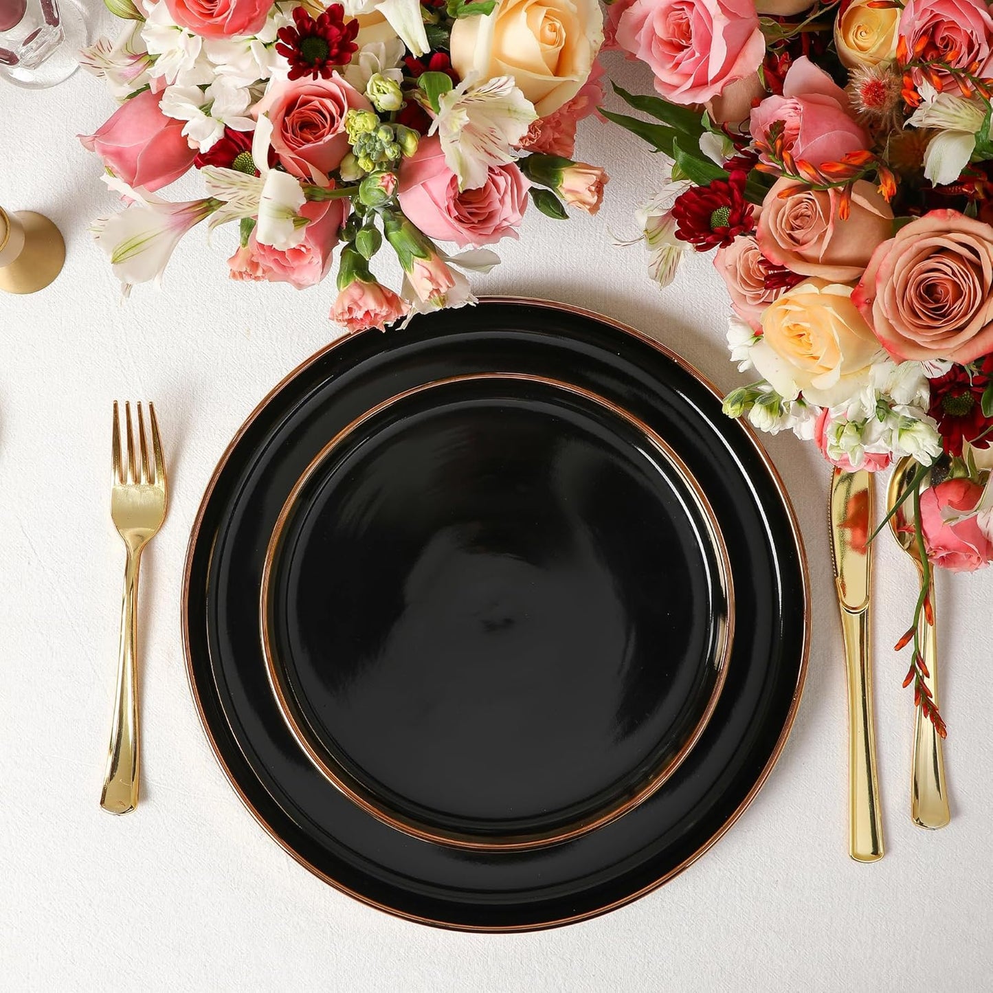 Christian Siriano Solene Stoneware Dinnerware, 24-Piece Plates and Bowls Set, Dish Set for 8, Black with Gold Rim, Glossy Finish, Hand Wash Only