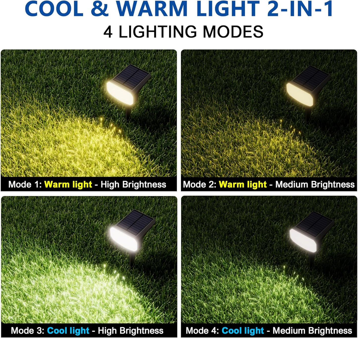 Solar Lights Outdoor Waterproof IP65, Super Bright LED, 2CCT 4 Lighting Modes 3000K/6500K Selectable, Solar Powered Yard Garden Solar Spot Lights for Outside Landscape Auto On/Off -2 Pack