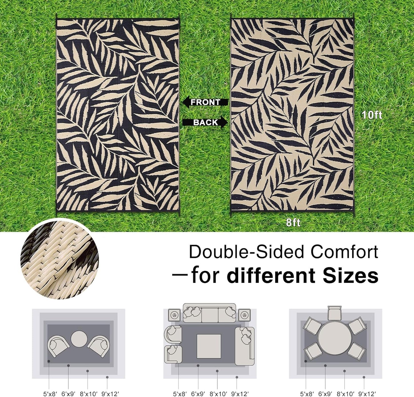 OLANLY Waterproof Outdoor Rug 8x10 ft, Reversible Outdoor Plastic Straw Rug with Leaf Pattern, RV Mat, Indoor Outdoor Carpet for Patio, Camping, Balcony, Deck, Backyard, Black & Beige