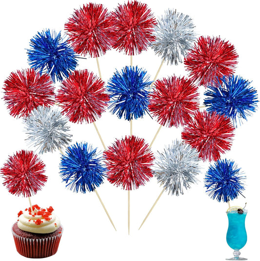 Ephlyn 30Pcs Foil Firework Cupcake Toppers Sparkle Tinsel Cupcake Picks Happy Birthday Cake Toppers Drink Cocktail Food Fruit Toothpicks for Baby Shower Birthday Party Supplies Red Silver Dark Blue