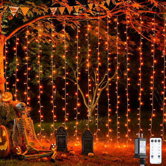 JMEXSUSS 300LED Orange Halloween Lights with Remote, 9.8x9.8ft Halloween Curtain Light, 8 Modes Orange Hanging String Lights Plug in for Fall Bedroom Thanksgiving Window Party Indoor Outdoor Decor