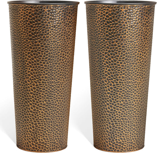 KOL 25" H. Metal Hand-Hammered Planters with Inner Pots 2-Pack, Bronze Decor Planter for Deck, Patio, Porch - Galvanized Steel Handcrafted Flower Pot - w/Water Level Indicator - Indoor Outdoor Use