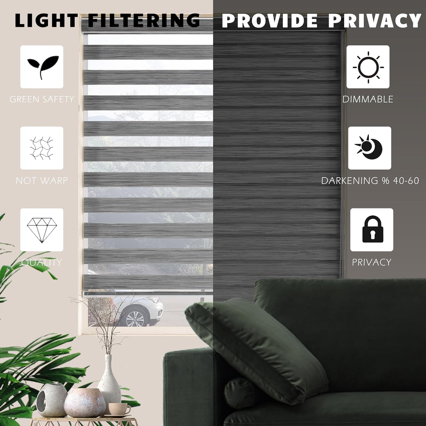 Window Blind Dual Layer Polyester Zebra Roller Light Filtering Sheer Shades Window Treatments Privacy Light Control for Day and Night(W37 x H72(Inch), Grey)