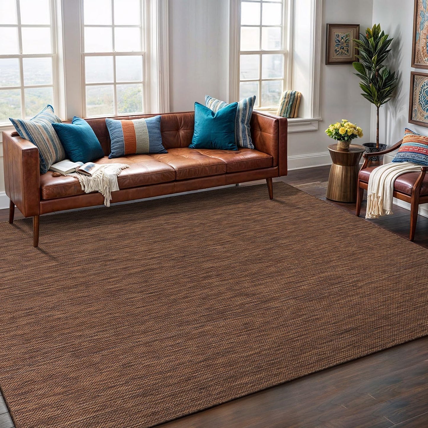 Washable Indoor Outdoor Rug Weather Resistant Carpet Modern Solid for Porch Deck Balcony Backyard Patio Rug 8x10 Gold Brown