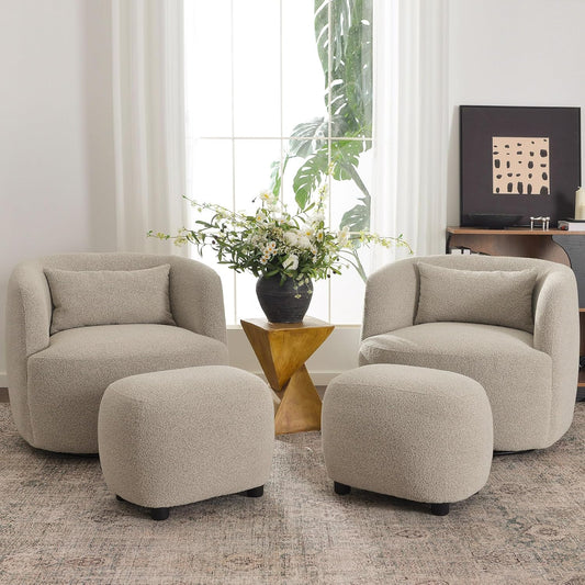 KINWELL 34" Wide 2 Boucle Swivel Barrel Chairs and 2 Ottomans Set, Fully Assembled Sherpa Accent Chairs and Footrest Set, Modern Comfy Armchairs and Footstool for Living Room and Bedroom, Taupe