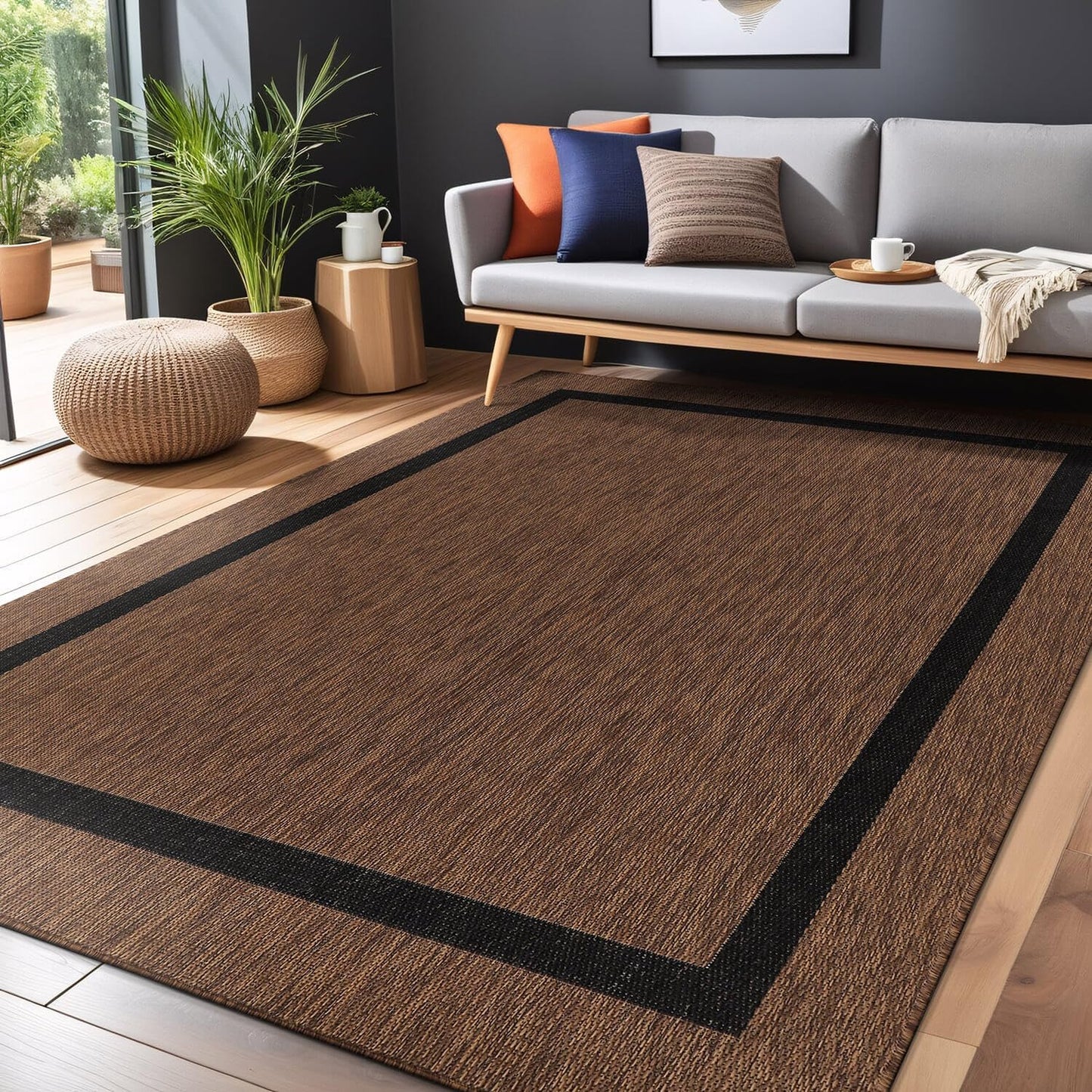 Bordered Outdoor Rug 5x7 Washable Outside Carpet for Indoor Patio Porch Waterproof Easy Cleaning Non Shedding Area Rugs Nut Brown - Black 5 x 7