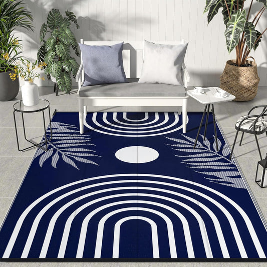 GENIMO Outdoor Rug 6' x 9' Waterproof for Patio Clearance, Reversible Lightweight Plastic Straw Camping Carpet, Large Area Rugs Mats for Rv, Backyard, Deck, Porch, Picnic, Balcony, Mix-Blue & White