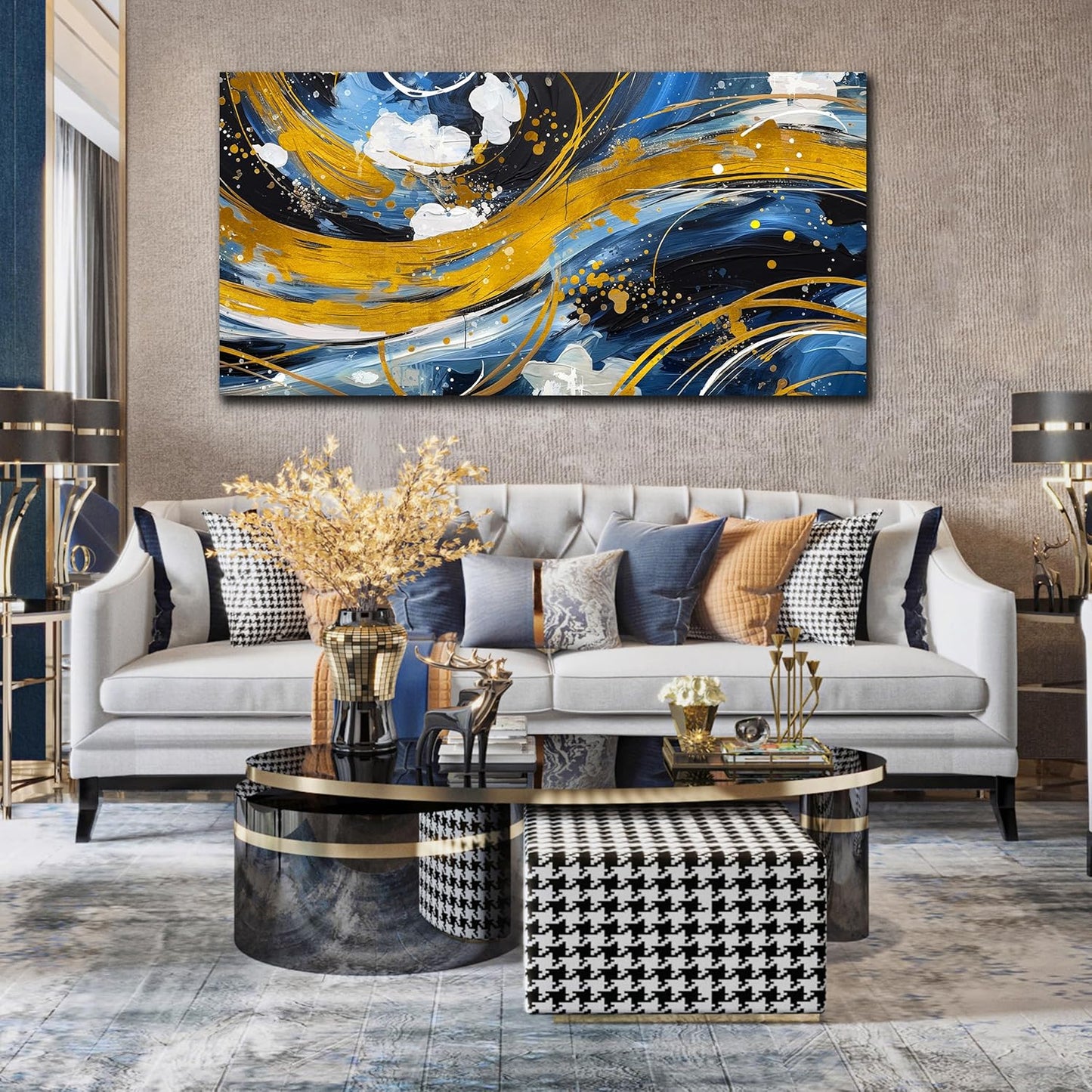 ENTANUB Abstract Canvas Wall Art for Living Room, Gold and Blue Wall Decor for Bedroom, Print Paintings Artwork, Size 29x59 Inches