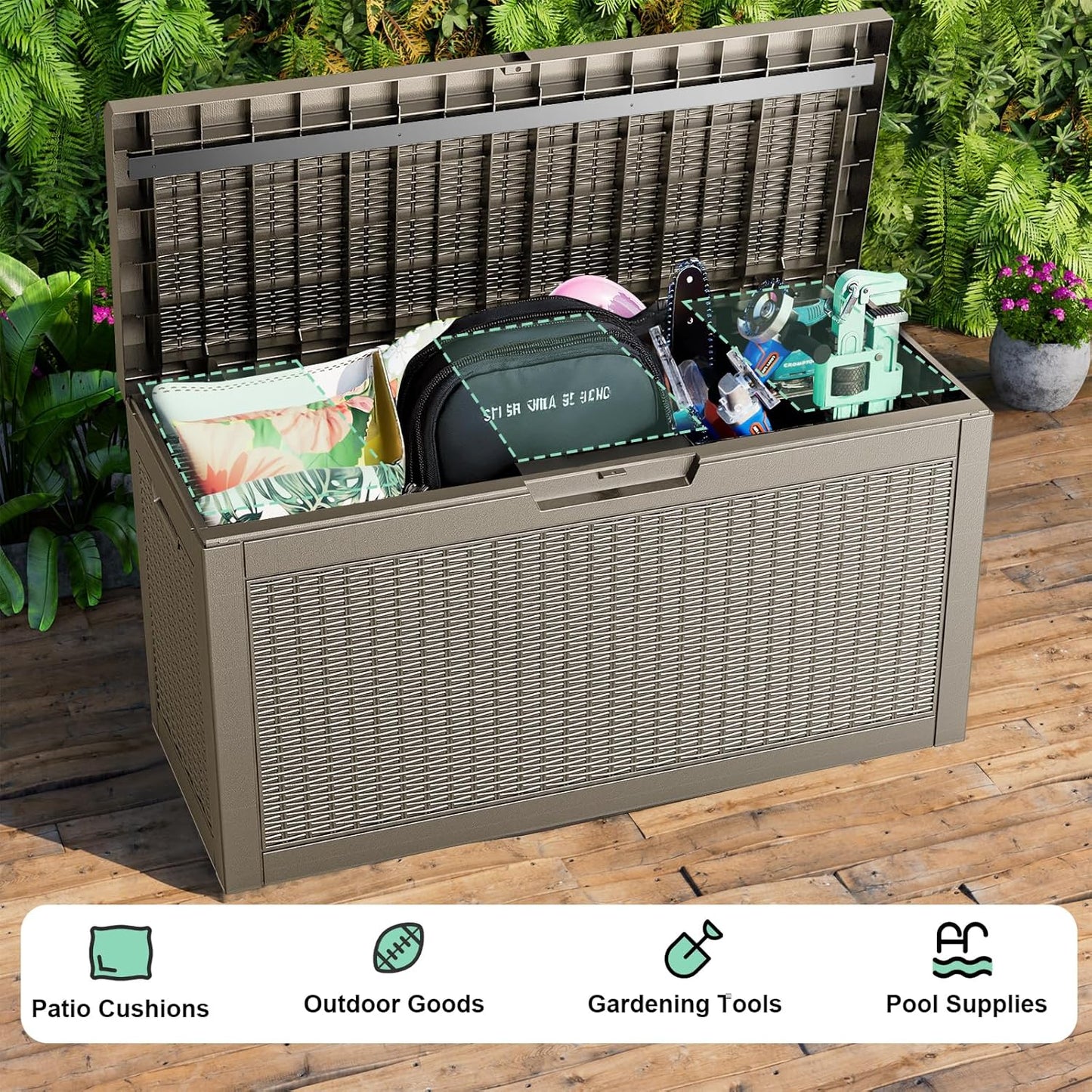 Vixzen 60 Gallon Outdoor Deck Box,Lockable Resin Waterproof Storage Box,UV Resistant,Weather Resistance,Outside Storage Bin for Gardening Tools,Pool Supplies,Gray
