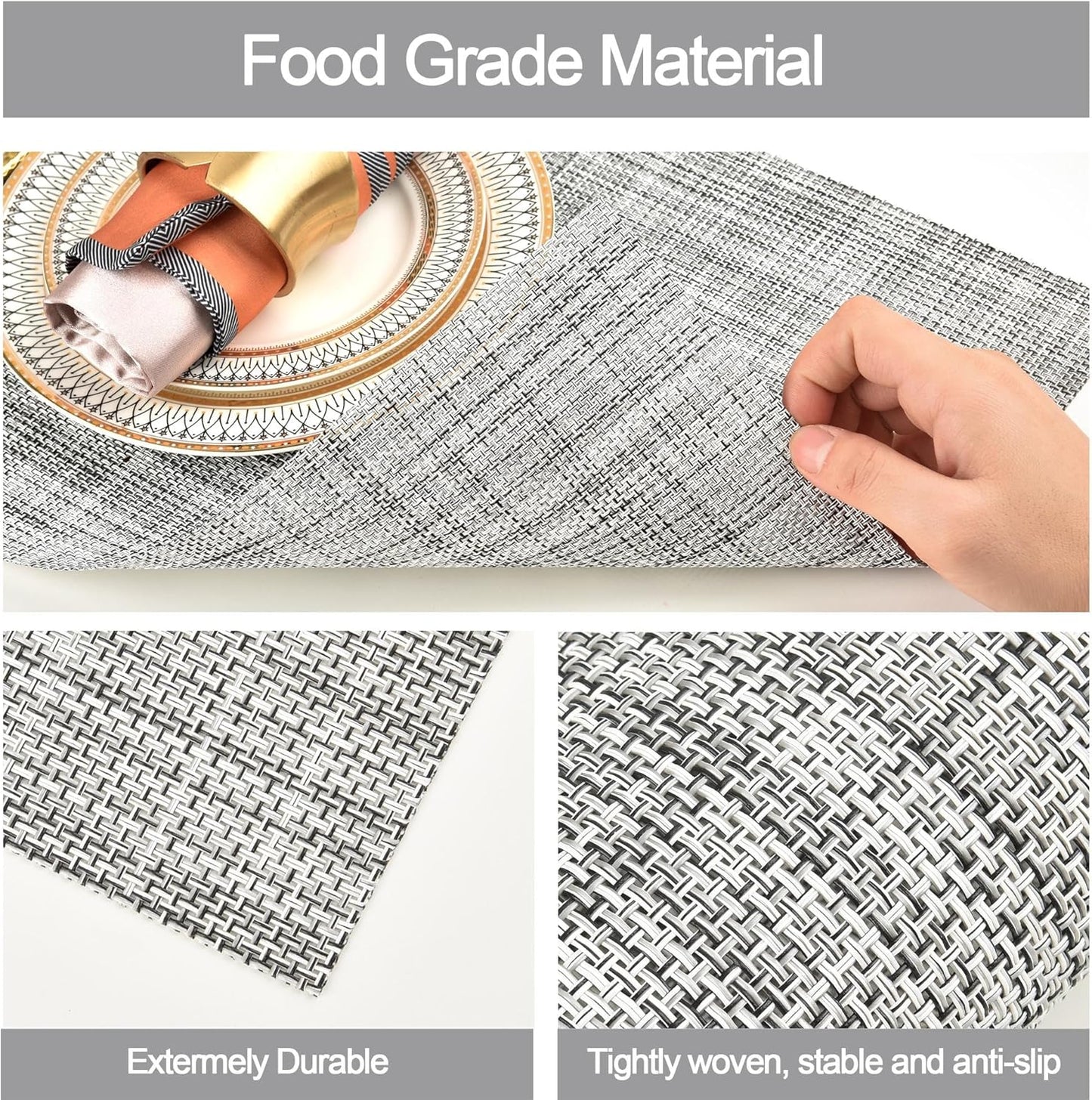 Placemats Set of 4 - Easy Clean Washable Vinyl Placemats - Wipeable Heat Resistant Table Mats for Dining Table - 17.7x11.8 Inch (4, Black & White Two-Tone)