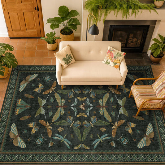 Black and Green Rug 5x8 for Living Room - Dark Moody Rugs for Dining Room Table, Playroom, Home Office, Insect Floral Moth Décor, Washable Non Skid Foldable