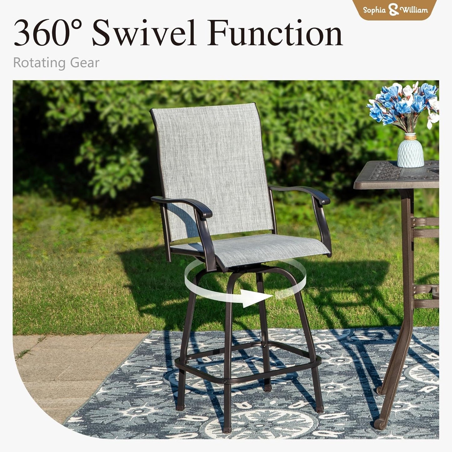 Sophia & William Outdoor Bar Set, Patio Bar Table and Chairs Set, Bar Height Patio Set - 2 x Swivel Bar Chairs(Grey), 1 x Square Bar Table(Wood-Like)