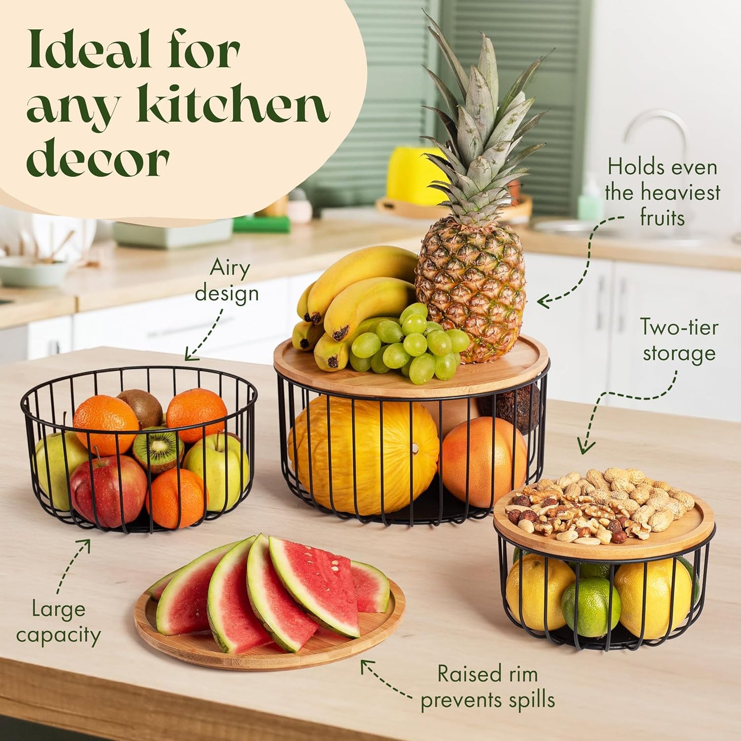 Fruit Basket for Kitchen Counter Set of 3 - Large Stackable Baskets with Bamboo Lid - Perfect Holder For Fruit and Vegetable Storage - Keep Your Countertop Classy, Tidy and Slightly Fruity!