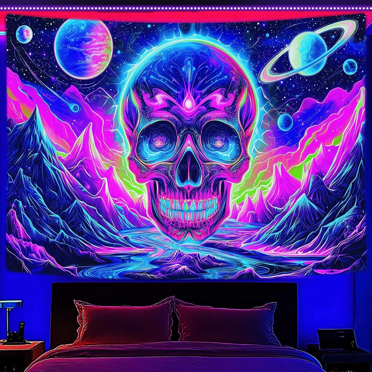 Blacklight Skull Tapestry, UV Reactive Gothic Skeleton Mountain Galaxy Planet Wall Hanging Tapestries, Glow in the Dark Horror Face Halloween Aesthetic Poster for Bedroom Living Room Decor 40X30IN