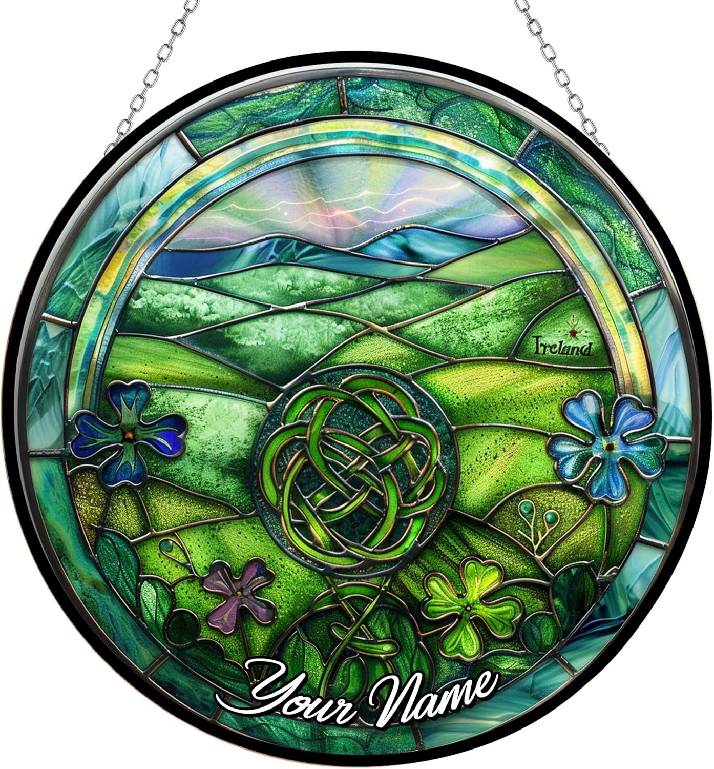 Ireland Stained Glass Sun Catcher, Custom Name Wall Hanging Colored Decor Room Indoor Window Decor, Halloween, Christmas Hanging Ornament Mother Day